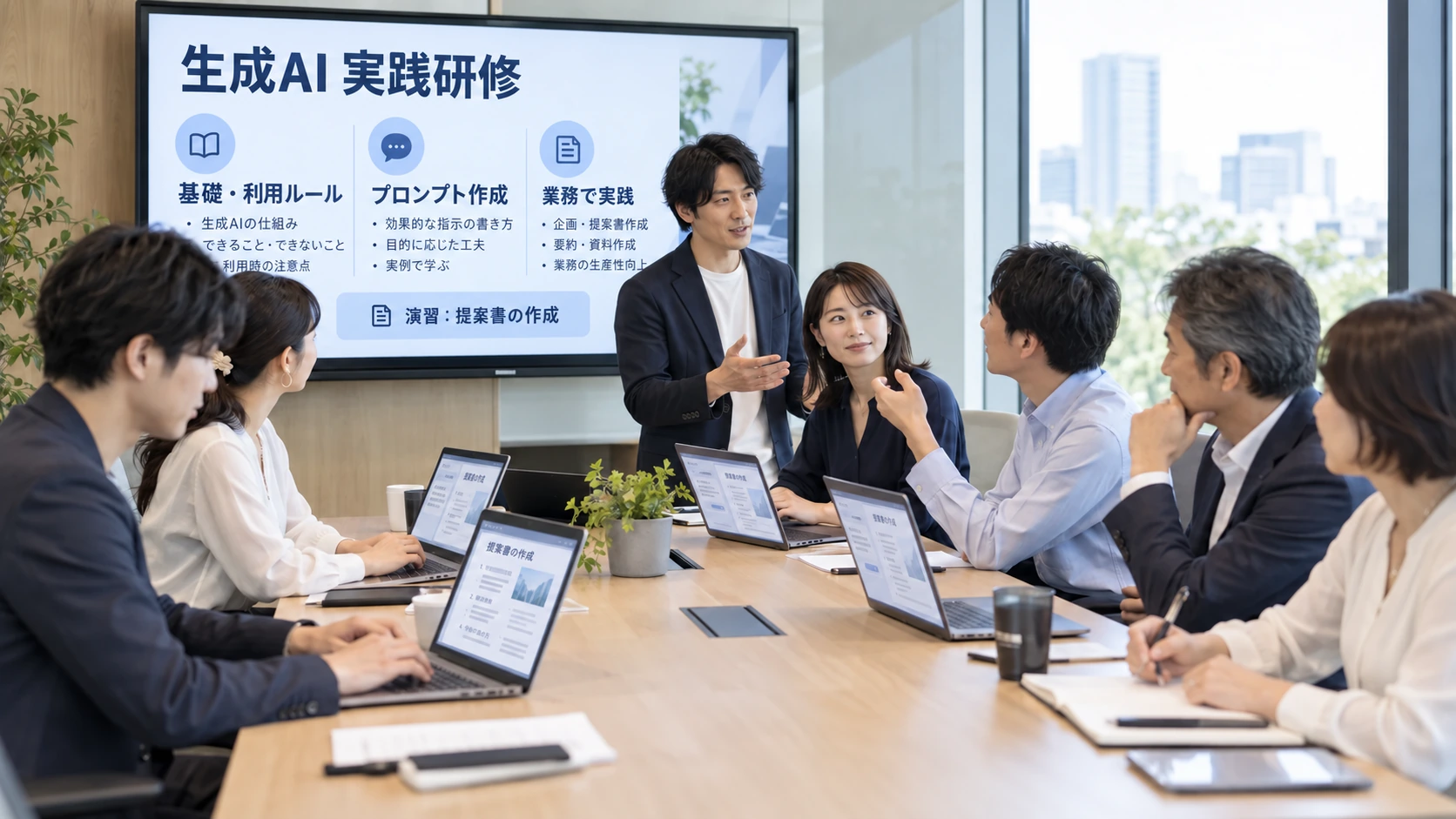 大型モニターを使い、PCで提案書作成の研修を行う様子